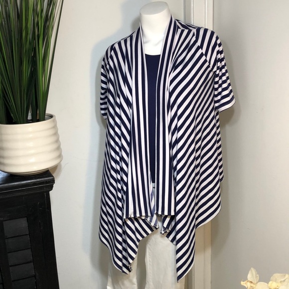 Miuse Navy Stripe Cascading Open Front Stretchy‎ Knit Cardigan Jacket - Picture 1 of 8